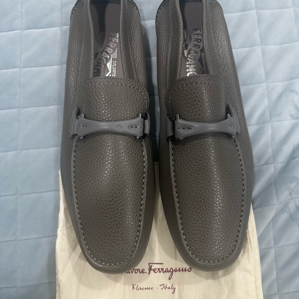 Salvatore Ferragamo Gray Leather Loafers Slip-On Elegance